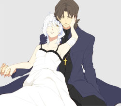 Rule 34 | 1boy, 1girl, bad id, bad pixiv id, bandages, brown hair, claudia hortensia, couple, cross, cross necklace, dress, eyepatch, fate/stay night, fate (series), holding hands, hetero, husband and wife, jewelry, kotomine kirei, necklace, passo0102, short hair, wavy hair, white hair, yellow eyes