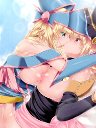 Rule 34 | 2girls, alternate breast size, aqua eyes, blonde hair, breast press, breasts, calcio, dark magician girl, detached sleeves, duel monster, eye contact, french kiss, gagaga girl, hat, highres, kiss, large breasts, long hair, looking at another, multiple girls, nipples, red eyes, symmetrical docking, witch hat, yu-gi-oh!, yu-gi-oh! zexal, yuri