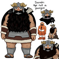 Rule 34 | 1boy, :p, absurdres, alternate facial hair, animal costume, axe, beard, clenched hands, collage, derivative work, dungeon meshi, dwarf, english text, expressions, facial hair, facial hair through mask, fake horns, frog costume, full body, hairy, helmet, highres, holding, holding axe, horned helmet, horns, long beard, looking at viewer, male focus, mustache, nanaluvbug, screenshot redraw, senshi (dungeon meshi), sitting, standing, straight-on, thick arm hair, thick leg hair, thick mustache, tongue, tongue out, very long beard