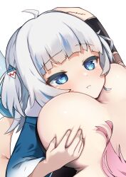 Rule 34 | 2girls, absurdres, ahoge, between breasts, blue eyes, blue hair, blue hoodie, blunt bangs, breasts, closed mouth, commentary, fins, fish tail, gawr gura, gawr gura (1st costume), grey hair, hair ornament, head between breasts, headpat, highres, hololive, hololive english, hood, hoodie, johnny (braun-kan cafe), large breasts, long hair, long sleeves, looking at another, looking up, mori calliope, multicolored hair, multiple girls, no nipples, shark girl, shark hair ornament, shark tail, simple background, solo focus, streaked hair, symbol-only commentary, tail, two side up, virtual youtuber, white background