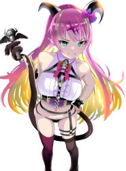 Rule 34 | 1girl, aqua eyes, asymmetrical horns, asymmetrical legwear, bare shoulders, between breasts, black panties, blonde hair, bow, breasts, chest harness, colored inner hair, demon horns, fangs, hair between eyes, hair bow, hair ornament, hand on own hip, harness, holding, holding with tail, hololive, horns, large breasts, long hair, looking at viewer, mano aloe, microphone, mismatched legwear, multicolored hair, navel, nikujag96737782, panties, pink hair, pink neckwear, pointy ears, prehensile tail, shirt, sleeveless, sleeveless shirt, smile, tail, thigh strap, two-tone hair, underwear, uneven horns, virtual youtuber, wrist cuffs