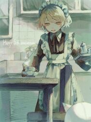 Rule 34 | 1girl, alternate costume, aota (ao taaa), apron, black dress, black ribbon, blonde hair, commentary request, cup, dress, empty eyes, english text, enmaided, feet out of frame, frilled apron, frills, half-closed eyes, happy anniversary, highres, holding, holding saucer, holding tray, hot drink, indoors, kitchen, long sleeves, looking at another, maid, maid apron, maid headdress, neck ribbon, no pupils, nurse robot type t, open mouth, ribbon, robot, saucer, shelf, short hair, smile, solo, standing, steam, table, teacup, teapot, tray, utau, voicevox, wooden chair, wooden table, yellow eyes