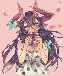 Rule 34 | 1girl, animal ears, animal print, bare arms, bare shoulders, black hair, blush, bow, covered mouth, cow ears, cow print, cowboy shot, dress, fingernails, gift, hands up, head tilt, holding, holding gift, horn ornament, horns, long hair, looking at viewer, multiple horns, original, pink background, pointy ears, signature, sleeveless, sleeveless dress, solo, white dress, yellow eyes, yun-yang