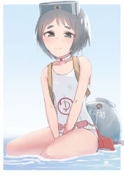 Rule 34 | 1girl, black eyes, black hair, blush, choker, commentary request, diving mask, diving mask on head, flat chest, goggles, goggles on head, highres, kantai collection, looking at viewer, maru-yu (kancolle), one-piece swimsuit, sakieko, short hair, simple background, sitting, smile, solo, swimsuit, thick eyebrows, water, white one-piece swimsuit