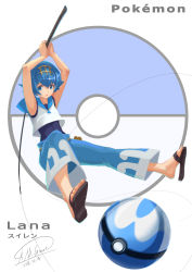 Rule 34 | 1girl, absurdres, artist name, baggy pants, blue eyes, blue hair, blue sailor collar, capri pants, character name, copyright name, creatures (company), dive ball, fishing rod, game freak, hairband, highres, lana (pokemon), looking at viewer, nintendo, one-piece swimsuit, pants, poke ball, pokemon, pokemon sm, sailor collar, sandals, shirt, short hair, shou mai, sleeveless, solo, swimsuit, swimsuit under clothes, trial captain