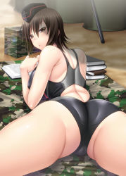 Rule 34 | 10s, 1girl, alternate costume, ass, ayato, back, back cutout, black hat, black one-piece swimsuit, blanket, blurry, blush, bokeh, book, book stack, breasts, brown eyes, brown hair, camouflage, closed mouth, clothing cutout, competition swimsuit, cross print, depth of field, from behind, from below, girls und panzer, hair between eyes, hat, highres, large breasts, looking at viewer, looking back, lying, military, nishizumi maho, on ground, on stomach, one-piece swimsuit, open book, shade, short hair, solo, spread legs, swimsuit