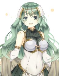 Rule 34 | 1girl, bare shoulders, covered navel, curly hair, fire emblem, fire emblem echoes: shadows of valentia, green eyes, green hair, hair ornament, nintendo, open mouth, shira yu ki, simple background, solo, tatiana (fire emblem), teeth, upper body, white background