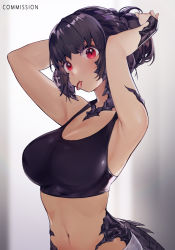 Rule 34 | 1girl, armpits, au ra, warrior of light (ff14), bare arms, bare shoulders, black shirt, breasts, collarbone, commentary, commission, crop top, dragon horns, dragon tail, final fantasy, final fantasy xiv, horns, in mouth, large breasts, looking at viewer, navel, red eyes, rirene rn, scales, shirt, short hair, solo, tail, upper body