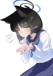 Rule 34 | 1girl, absurdres, animal ears, black choker, black hair, black halo, black sailor collar, blue archive, blue halo, blue skirt, bright pupils, cat ears, choker, closed mouth, cum, cum on hands, cupping hands, facial, haizen (8izn), halo, highres, kikyou (blue archive), long sleeves, looking at viewer, one eye closed, own hands together, sailor collar, shirt, short hair, simple background, skirt, solo, tearing up, white background, white pupils, white shirt