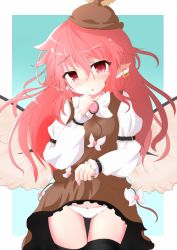 Rule 34 | 1girl, alternate hair length, alternate hairstyle, animal ears, blush, clothes lift, earrings, hat, jewelry, long hair, mystia lorelei, onsen tamago (onnsenn), open mouth, panties, pink hair, skirt, skirt lift, solo, touhou, underwear, upskirt, white panties, wings