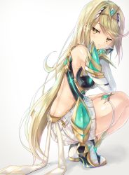 Rule 34 | 1girl, armor, ass, bare shoulders, blonde hair, blush, breasts, butt crack, cleavage, dress, from side, gloves, highres, inoue takuya (tactactak), large breasts, long hair, looking at viewer, looking back, medium breasts, mythra (xenoblade), nintendo, parted lips, solo, squatting, very long hair, white background, xenoblade chronicles (series), xenoblade chronicles 2, yellow eyes