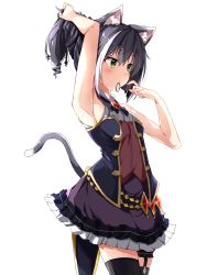 Rule 34 | 1girl, adjusting hair, animal ear fluff, animal ears, arm up, armpits, black hair, black thighhighs, cat ears, cat girl, cat tail, garter straps, green eyes, highres, hitakami, karyl (princess connect!), mouth hold, multicolored hair, ponytail, princess connect!, purple skirt, simple background, skirt, sleeveless, solo, streaked hair, tail, thighhighs, white background, white hair