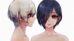 Rule 34 | 10s, 1boy, 1girl, bare shoulders, closed mouth, collarbone, commentary request, from side, hair between eyes, hair over one eye, highres, kaneki ken, kirishima touka, lips, long eyelashes, looking at another, nemuaki, one eye covered, open mouth, out of frame, portrait, purple hair, red eyes, short hair, simple background, smile, tokyo ghoul, tokyo ghoul:re, white background, white hair