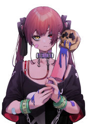 Rule 34 | 1girl, absurdres, animal collar, bandaid, bandaid on arm, bandaid on face, bandaid on neck, black ribbon, black shirt, bound, bound wrists, breasts, chain, cleaver, collar, commentary request, cuffs, hair ribbon, heterochromia, highres, holding, holding knife, hololive, houshou marine, knife, leash, long hair, mikan (chipstar182), parted lips, purple collar, red eyes, red hair, ribbon, shirt, simple background, solo, twintails, upper body, virtual youtuber, white background, yellow eyes