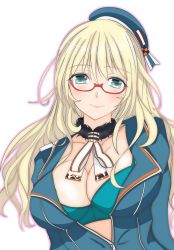 Rule 34 | 1girl, absurdres, ascot, atago (kancolle), beret, blonde hair, blue bra, bra, breasts, cleavage, commentary request, hat, highres, kantai collection, large breasts, long hair, looking at viewer, military, military uniform, nitamako (sakamalh), open clothes, red-framed eyewear, simple background, solo, underwear, uniform, white ascot, white background