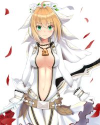 Rule 34 | 10s, 1girl, ahoge, arms at sides, belt, belt skirt, blonde hair, blurry, blush, bodysuit, bow, breasts, breasts apart, bridal veil, buckle, center opening, chain, cleavage, closed mouth, depth of field, dress, eve dizzy, fate/extra, fate/extra ccc, fate (series), flower, gloves, green eyes, groin, hair between eyes, hair bow, hair flower, hair intakes, hair ornament, holding, holding sword, holding weapon, legs together, light smile, lock, long sleeves, looking at viewer, medium breasts, navel, nero claudius (bride) (fate), nero claudius (fate), nero claudius (fate) (all), open clothes, padlock, petals, red flower, red rose, reverse grip, rose, short hair with long locks, showgirl skirt, sidelocks, simple background, skirt, skirt hold, smile, solo, standing, sword, unzipped, veil, weapon, white background, white bow, white dress, white flower, white gloves, white skirt, wrist cuffs, zipper