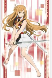 Rule 34 | 1girl, abstract background, antenna hair, armpits, artist request, asuna (sao), bare shoulders, barefoot, belt, braid, collared dress, determined, dress, dynamic pose, feet, female focus, fighting stance, focused, full body, holding, holding sword, holding weapon, legs, long hair, looking at viewer, multicolored background, multicolored clothes, multicolored dress, neck, numbers, open mouth, orange eyes, orange hair, parted bangs, pixelated, print dress, rapier, red belt, sheath, shiny skin, short dress, sleeveless, sleeveless dress, spread fingers, spread legs, standing, strapless, strapless dress, sword, sword art online, thighs, third-party edit, toenails, toes, tube dress, weapon, white dress