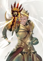 Rule 34 | 1boy, armor, blonde hair, claw (weapon), crossover, earrings, fate/zero, fate (series), g gundam, gilgamesh (fate), gundam, highres, ikuyoan, jewelry, male focus, orange armor, red eyes, scryed, solo, voice actor connection, weapon