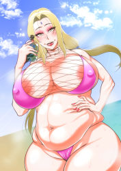 Rule 34 | 1girl, alcohol, areola slip, beach, blonde hair, blush, breasts, cleavage, cloud, covered erect nipples, drunk, forehead jewel, highres, huge breasts, large areolae, long hair, mature female, nail polish, naruto, naruto (series), ocean, plump, sky, solo, swimsuit, tsunade (naruto), yellow eyes, zxcv (pixiv3783098)