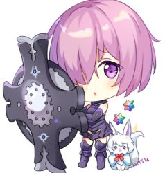 Rule 34 | 1girl, armor, armored boots, armored dress, artist name, blush, boots, bow, chibi, creature, dress, fate/grand order, fate (series), fou (fate), full body, hair over one eye, hitsukuya, holding, holding shield, looking at viewer, lowres, mash kyrielight, parted lips, pink hair, purple dress, purple eyes, purple footwear, purple thighhighs, red bow, saint quartz (fate), shield, simple background, sleeveless, sleeveless dress, sparkle, standing, thighhighs, white background