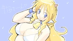 Rule 34 | 1girl, bell, blonde hair, blue background, blush, breasts, choker, cleavage, cow horns, cowbell, gomamiso (gomamiso sp), heart, horns, large breasts, long hair, original, simple background, solo, ushita kaoruko, very long hair