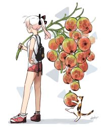 Rule 34 | 1girl, absurdres, ahoge, backpack, bag, calico, flower, flower request, from behind, hair ribbon, hand on own hip, hayato noda, highres, holding, holding flower, holding plant, long hair, original, plant, plant request, ponytail, ribbon, shirt, shoes, shorts, sneakers, t-shirt, white hair