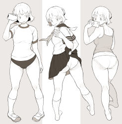 Rule 34 | 1girl, absurdres, ass, barefoot, buruma, camisole, cellphone, closed mouth, clothes lift, frilled panties, frills, full body, gluteal fold, greyscale, gym shirt, highres, holding, holding phone, lifted by self, lineart, loafers, looking at phone, monochrome, multiple views, neyuki rei, original, panties, phone, school uniform, selfie, serafuku, shirt, shoes, short hair, skirt, skirt lift, socks, thighs, underwear, underwear only