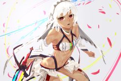 Rule 34 | 1girl, altera (fate), bare shoulders, dark skin, dark-skinned female, detached sleeves, fate/grand order, fate (series), full-body tattoo, holding, holding sword, holding weapon, i-pan, looking at viewer, midriff, navel, photon ray (fate), red eyes, short hair, solo, sword, tattoo, veil, weapon, white hair