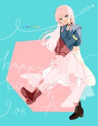 Rule 34 | 1girl, abstract background, absurdres, ankle boots, bang dream!, bang dream! it&#039;s mygo!!!!!, black choker, blue background, blue eyes, blue jacket, boots, brown footwear, character name, chihaya anon, choker, copyright name, cropped jacket, dated, earrings, english text, fang, full body, highres, holding, holding umbrella, jacket, jewelry, long hair, long sleeves, looking at viewer, necklace, open mouth, pink hair, pink umbrella, skirt, smile, solo, standing, standing on one leg, transparent, transparent umbrella, umbrella, watanuki (enu)