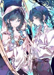 Rule 34 | 2boys, absurdres, androgynous, black hair, black pants, blue eyes, blue hair, braid, cocoballking, collared shirt, commentary request, commission, dress, genshin impact, gradient hair, highres, long hair, long sleeves, looking at viewer, male focus, multicolored hair, multiple boys, pants, pixiv commission, reflection, shirt, short hair, short hair with long locks, sidelocks, single off shoulder, smile, twin braids, twintails, veil, venti (genshin impact), white dress, white shirt