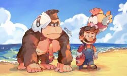 Rule 34 | 2boys, absurdres, artist name, beach, blooper (mario), blue eyes, blue overalls, blue pants, blue sky, blush, brown eyes, brown footwear, brown hair, buttons, cheep cheep, closed mouth, cloud, commentary, day, donkey kong, facial hair, gloves, hanaon, hat, unworn hat, unworn headwear, highres, holding, holding clothes, holding hat, horizon, long sleeves, looking at another, male focus, mario, mario (series), multiple boys, mustache, necktie, nintendo, ocean, outdoors, overalls, pants, red headwear, red necktie, red shirt, shirt, shoes, short hair, sideways glance, signature, sky, standing, symbol-only commentary, the super mario bros. movie, twitter username, unamused, v-shaped eyebrows, water, wet, wet clothes, wet hair, white gloves