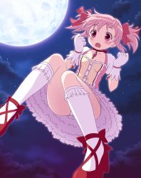 Rule 34 | 10s, blush, cloud, full moon, gloves, hair ribbon, highres, kaname madoka, magical girl, mahou shoujo madoka magica, mahou shoujo madoka magica (anime), moon, night, night sky, open mouth, panties, pantyshot, pink eyes, pink hair, revision, ribbon, shoes, short twintails, sky, solo, star (sky), starry sky, twintails, underwear, white gloves, white panties, yamasan