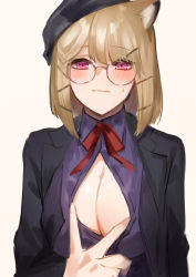 Rule 34 | 1girl, animal ear fluff, animal ears, arknights, black jacket, blush, breasts, brown hair, button gap, cleavage, closed mouth, dress shirt, female focus, glasses, highres, ito uuu, jacket, large breasts, looking at viewer, neck ribbon, official alternate costume, purple eyes, purple shirt, red ribbon, ribbon, round eyewear, shirt, simple background, solo, upper body, utage (arknights), utage (disguise) (arknights), white background