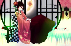 Rule 34 | 1girl, adapted costume, ball, black hair, bug, butterfly, camellia, female focus, flower, from side, hair ornament, highres, houraisan kaguya, insect, japanese clothes, kimono, kimono skirt, long hair, long sleeves, moon, off shoulder, petals, red eyes, ripples, sitting, solo, tamazusa, touhou, very long hair, wide sleeves, window