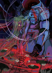 Rule 34 | 1boy, abstract, absurdly long hair, alphonse elric, androgynous, apron, armor, automail, blonde hair, blood, blood drop, blood trail, blue flower, completely nude, covered mouth, dark background, darkness, different reflection, empty eyes, expressionless, facing viewer, fingernails, flamel symbol, flower, forget-me-not (flower), full armor, full body, fullmetal alchemist, gloves, glowing, glowing eyes, hair over mouth, hair over one eye, unworn headwear, helmet, unworn helmet, knees to chest, leaf, lily (flower), lily pad, long hair, looking afar, male focus, messy hair, nude, outstretched arm, reflection, ripples, robogart, shoulder spikes, signature, skinny, spiked helmet, spikes, still life, toenails, very long hair, water, white flower, yellow eyes