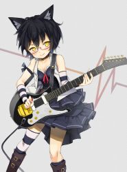 Rule 34 | 1girl, :&gt;, animal ears, arm warmers, atage, bare shoulders, black hair, blush, boots, breasts, cat ears, cat girl, cleavage, collar, detached sleeves, dress, electric guitar, female focus, glasses, guitar, instrument, jacket, original, plectrum, short hair, simple background, single thighhigh, smile, solo, striped clothes, striped thighhighs, thighhighs, vest, yellow eyes