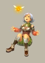 Rule 34 | 1girl, armor, baggy clothes, boots, bridal gauntlets, brown eyes, detached sleeves, full body, looking up, open hands, open mouth, original, rei (islaya), round teeth, shorts, silver hair, smile, solo, steel-toe boots, teeth