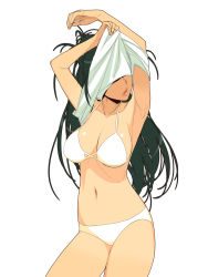 Rule 34 | 1girl, armpits, arms up, bikini, breasts, cleavage, green hair, hidden eyes, highres, ino (magloid), kisaragi rei, large breasts, long hair, navel, otome function, parted lips, shiny skin, shirt, sideboob, simple background, solo, standing, strap gap, swimsuit, undressing, white bikini