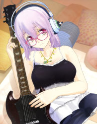 Rule 34 | 1girl, 3d, absurdres, barefoot, bespectacled, glasses, guitar, headphones, highres, instrument, jewelry, necklace, nitroplus, pink eyes, purple hair, short hair, smile, solo, super sonico, tsuji santa