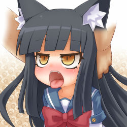 Rule 34 | 1girl, alexi (tits!), animal ears, black hair, blush, cat ears, fangs, felpurr, hands on another&#039;s head, head grab, hime cut, imminent fellatio, ken to mahou to gakuen mono, long hair, looking up, open mouth, oral invitation, ribbon, school uniform, solo focus, sweat, tongue, waiting, yellow eyes