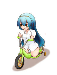 Rule 34 | 1girl, amputee, bicycle, blue hair, blush, brown eyes, dress shirt, hairband, highres, mi-ke, mikey sukairain, open mouth, panties, quadruple amputee, shadow, shirt, simple background, solo, striped clothes, striped panties, training wheels, underwear, white background, white shirt