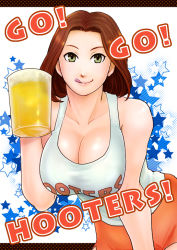 Rule 34 | 1girl, :q, alcohol, artist request, beer, beer mug, breasts, cleavage, clothes writing, cup, employee uniform, female focus, halftone, halftone background, hooters, large breasts, mug, no legwear, short hair, short shorts, shorts, smile, solo, tongue, tongue out, uniform, waitress
