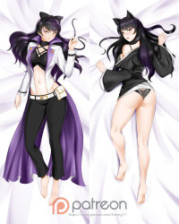 Rule 34 | 1girl, animal ears, ass, barefoot, bed sheet, belt, black bow, black bra, black hair, black panties, black pants, blake belladonna, bow, bra, brown eyes, cat ears, cat tail, dakimakura (medium), from behind, full body, groin, hair bow, highres, jacket, kimmy77, long hair, long sleeves, looking at viewer, looking back, lying, makeup, mascara, midriff, multiple views, navel, on back, on stomach, open clothes, open jacket, open mouth, panties, pants, patreon logo, patreon username, rwby, soles, stomach, tail, underwear, watermark, white jacket