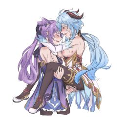 Rule 34 | 1futa, 1girl, bite mark, blue hair, blush, breasts, breasts out, carrying, closed eyes, erection, from side, futa with female, futanari, ganyu (genshin impact), genshin impact, goat horns, hair ornament, highres, horns, keqing (genshin impact), large breasts, large penis, lifting person, long hair, multiple girls, open mouth, orgasm, pantyhose, penis, pubic hair, purple hair, pussy juice, saliva, saliva trail, sex, simple background, standing, standing sex, sweat, torn clothes, trembling, twintails, vaginal
