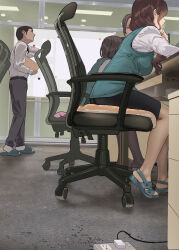 Rule 34 | 1boy, 3girls, absurdres, black pants, black pantyhose, blue footwear, blue vest, brown hair, brown pantyhose, carpet, chair, desk, electric plug, electrical outlet, from side, hair over shoulder, highres, indoors, leaning forward, long hair, mature female, multiple girls, office, office chair, office lady, original, pants, pantyhose, profile, sandals, shirt, slippers, swivel chair, vest, white shirt, whiteboard, yewang19