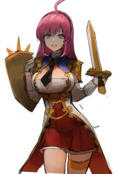 Rule 34 | 1girl, absurdres, ahoge, cleavage cutout, clothing cutout, detached sleeves, dokshuri, dungeon and fighter, green eyes, hairband, highres, knight (dungeon and fighter), long hair, looking at viewer, necktie, open mouth, pink hair, red skirt, shield, simple background, skirt, solo, sword, teeth, upper body, weapon, white background