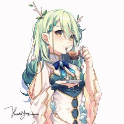 Rule 34 | 1girl, antlers, blush, braid, braided bangs, branch, breasts, bridal gauntlets, brown eyes, ceres fauna, closed mouth, commentary, cup, dress, earrings, green hair, green nails, hair between eyes, highres, holding, holding cup, holding saucer, hololive, hololive english, horns, jewelry, kuri (animejpholic), left-handed, long hair, long sleeves, looking at viewer, medium breasts, mole, mole under eye, multicolored hair, nail polish, saucer, signature, simple background, single braid, single bridal gauntlet, smile, solo, streaked hair, symbol-only commentary, teacup, upper body, virtual youtuber, white background, white dress