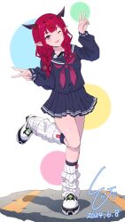Rule 34 | 1girl, black sailor collar, black shirt, black skirt, blush, braid, buttons, commentary request, dated, double v, flower, full body, gyaru, hair flower, hair ornament, highres, hololive, hololive english, horns, irys (hololive), kneehighs, ld (luna dial398), long hair, looking at viewer, neckerchief, one eye closed, pointy ears, purple eyes, red hair, red neckerchief, sailor collar, school uniform, shirt, shoes, signature, skirt, sneakers, socks, solo, standing, standing on one leg, tongue, tongue out, twin braids, v
