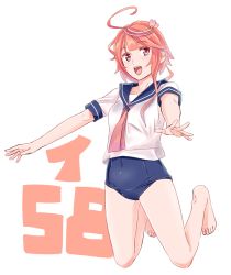 Rule 34 | 10s, 1girl, ahoge, bad id, bad twitter id, blue one-piece swimsuit, character name, full body, i-58 (kancolle), kantai collection, navel, ojipon, one-piece swimsuit, pink hair, school swimsuit, school uniform, serafuku, short hair, simple background, swimsuit, swimsuit under clothes, white background