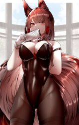 Rule 34 | 1girl, absurdres, akagi (azur lane), animal ear fluff, animal ears, arm behind back, azur lane, bare arms, bare shoulders, black bodysuit, black legwear, blunt bangs, bodysuit, breasts, brown hair, brown tail, cleavage, cleft of venus, collar, collarbone, commentary, cowboy shot, cuff links, dated commentary, detached collar, eyebrows, fox ears, fox tail, gloves, hair over breasts, hair over shoulder, hand to own mouth, highres, kitsune, kyuubi, large breasts, leotard, long hair, looking at viewer, multiple tails, playboy bunny, red eyes, samip, sidelocks, slit pupils, smile, solo, tail, white collar, white gloves, window